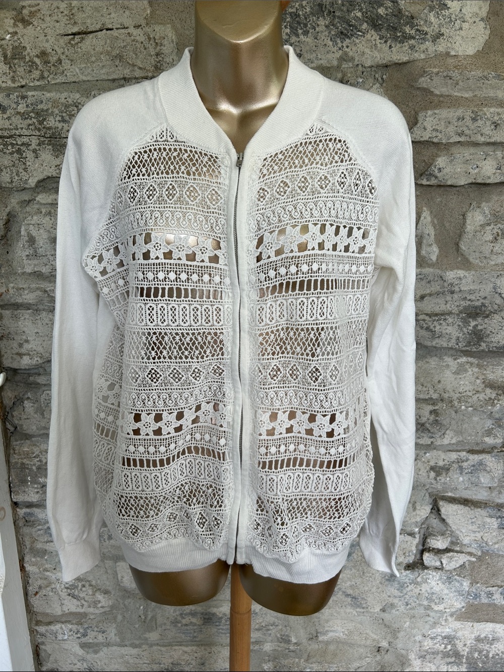 White Lace Front Zip Crochet cardigan
